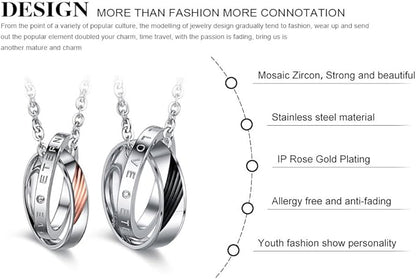 Rockyu 永遠の絆・ステンレススチールペアリングネックレス（LOVE刻印＆ジルコン付き）