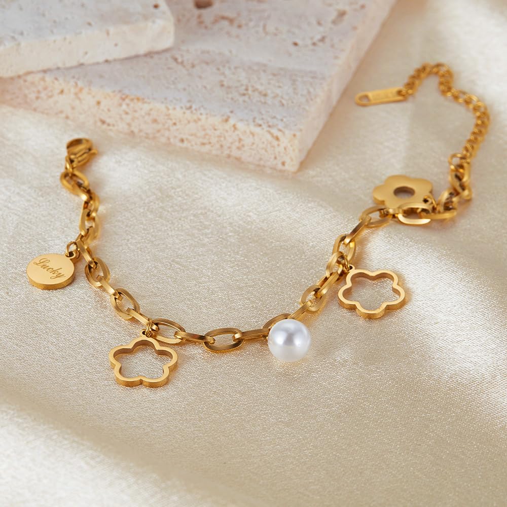 ブレスレット レディース ステンレス製 花モチーフ 18Kゴールド仕上げ パールチャーム付き