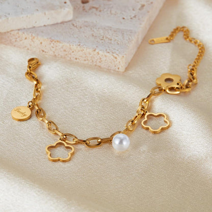 ブレスレット レディース ステンレス製 花モチーフ 18Kゴールド仕上げ パールチャーム付き