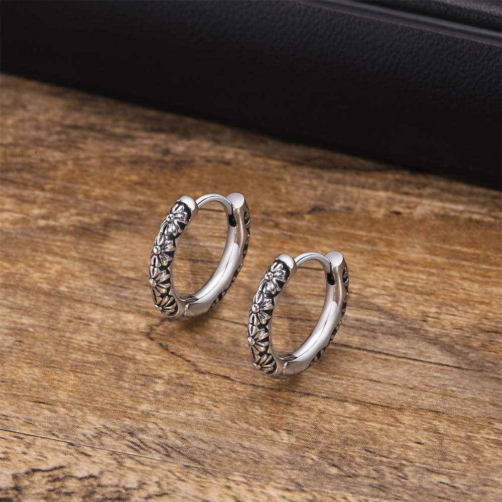 Rockyu メンズ フープピアス 雛菊モチーフ シルバー ステンレス 金属アレルギー対応 片耳用