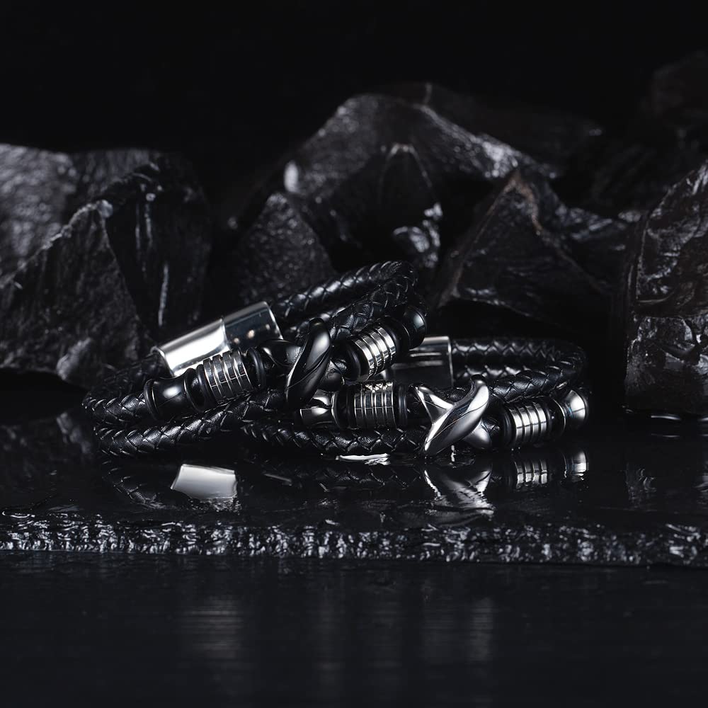 Rockyu ブレスレット メンズ レザー ステンレス 多層編み込み 三連バングル