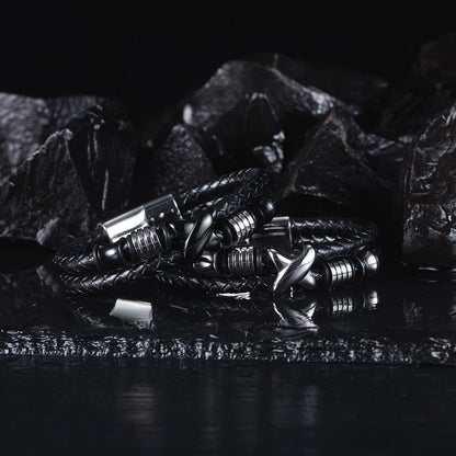 Rockyu ブレスレット メンズ レザー ステンレス 多層編み込み 三連バングル