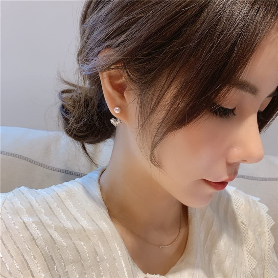 Rockyu ピアス レディース ハート型 ゴールド パール 925純銀製 可愛い両耳スタッド