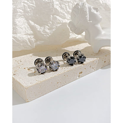 Rockyu スタッドピアス メンズ レディース｜黒白ジルコニア 花モチーフ 金属アレルギー対応