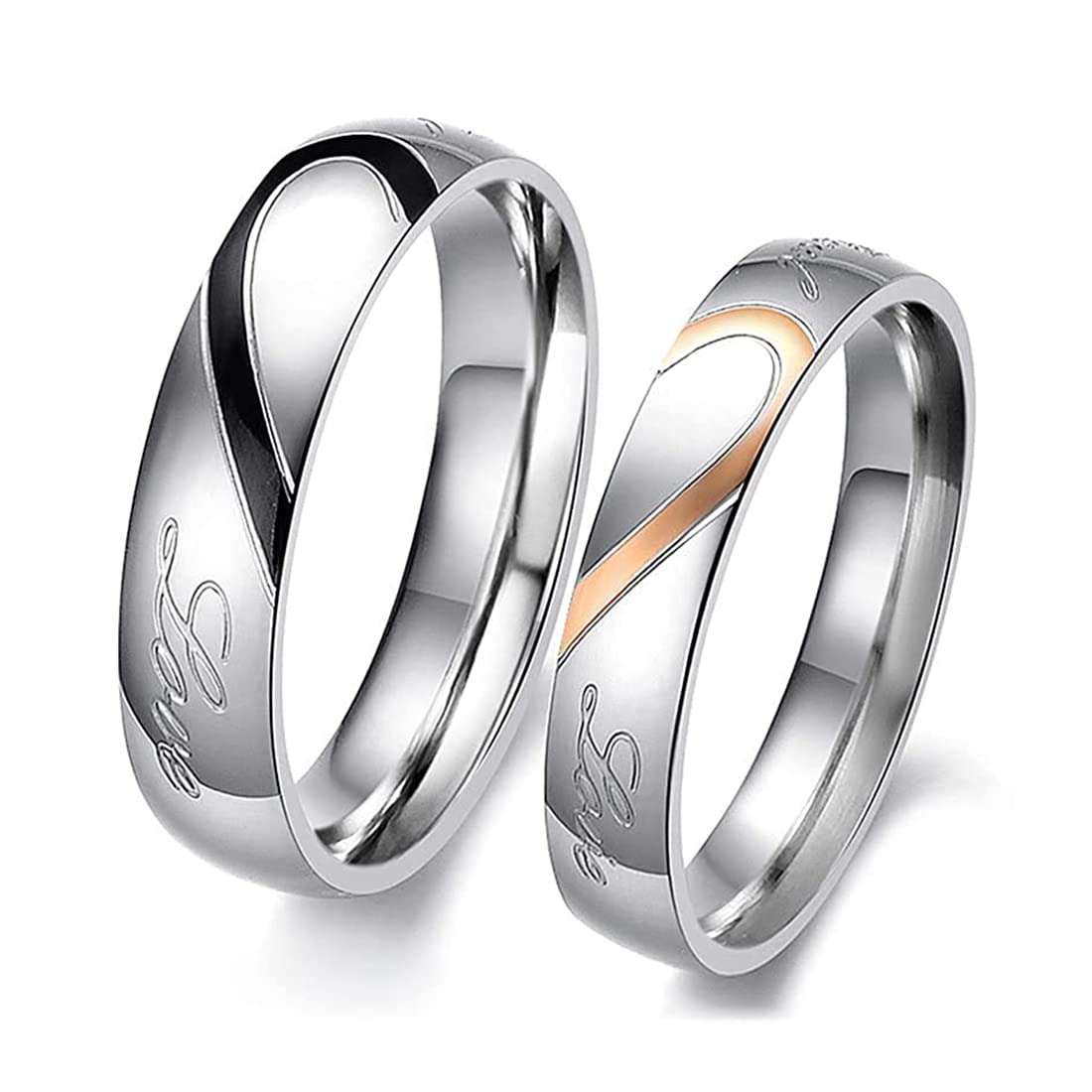 Rockyu ペアリング ステンレス製 ハートデザイン シルバー 結婚指輪風・個別販売