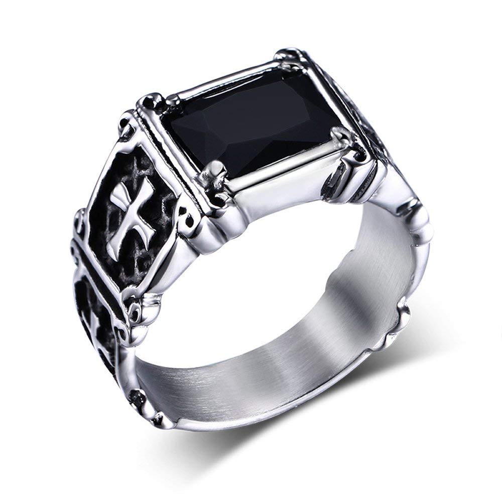 Rockyu 十字架スクエアリング メンズ アンティーク調クロス×赤黒ストーン指輪