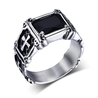 Rockyu 十字架スクエアリング メンズ アンティーク調クロス×赤黒ストーン指輪