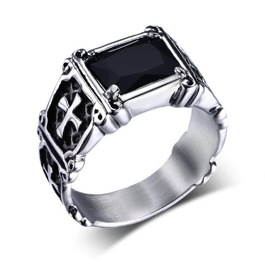 Rockyu 十字架スクエアリング メンズ アンティーク調クロス×赤黒ストーン指輪