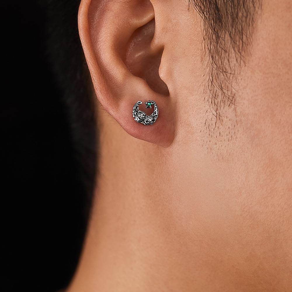 Rockyu ピアス メンズ ステンレス 片耳 三日月モチーフ 花彫刻 キュービックジルコニア アレルギー対応