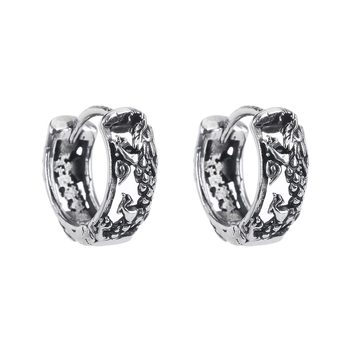 Rockyu ピアス メンズ シルバー フープ 龍彫刻 ステンレス アレルギー対応 アクセサリー