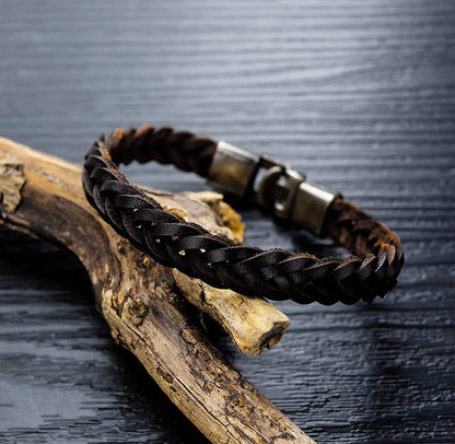 Rockyu レザーブレスレット メンズ 編み込みバングル PUレザー製｜ブラック＆ブラウン 全3サイズ