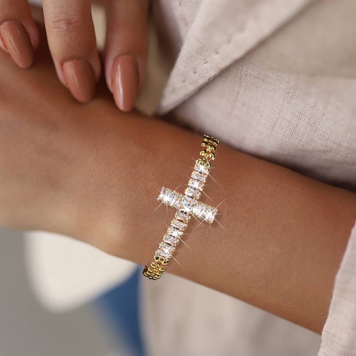 Rockyu レディース ブレスレット ゴールド クロスデザイン ジルコニア 金属アレルギー対応 記念日 プレゼント