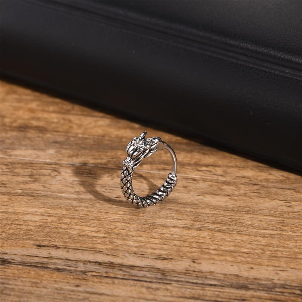 Rockyu ピアス メンズ 竜頭モチーフ フープ ステンレス シルバー 金属アレルギー対応 片耳用