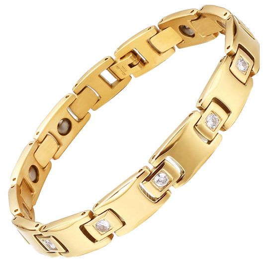 Rockyu 純チタン ゲルマニウム磁気ブレスレット レディース ゴールド＆シルバー＆ブラック 10mm