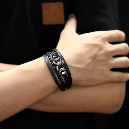 Rockyu メンズ レザーブレスレット 羊頭モチーフ PU革 多層デザイン ブラック