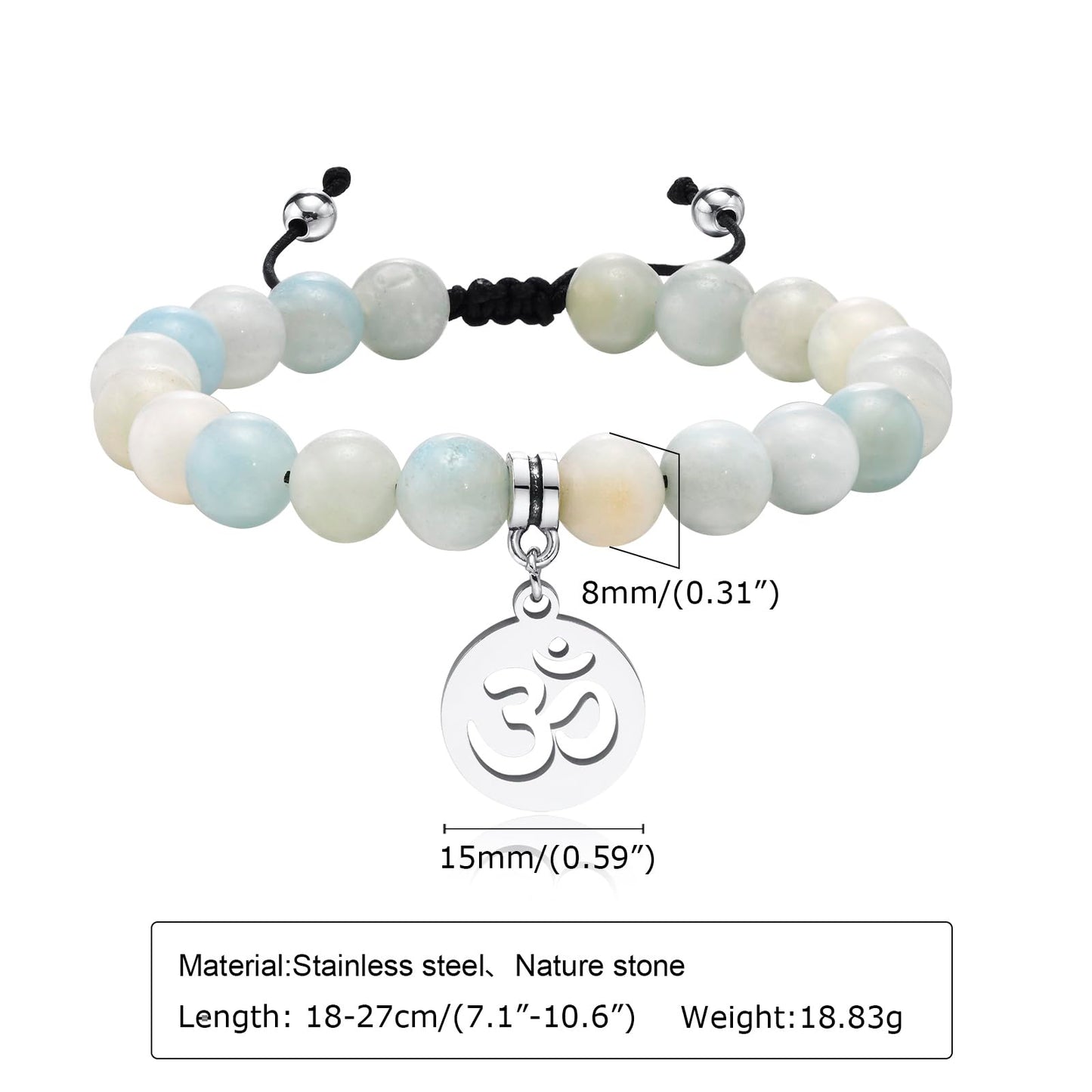 Rockyu レディース 天然石ブレスレット 蓮花・生命の樹・オームモチーフ ステンレスペンダント 金属アレルギー対応