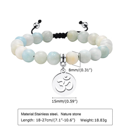 Rockyu レディース 天然石ブレスレット 蓮花・生命の樹・オームモチーフ ステンレスペンダント 金属アレルギー対応