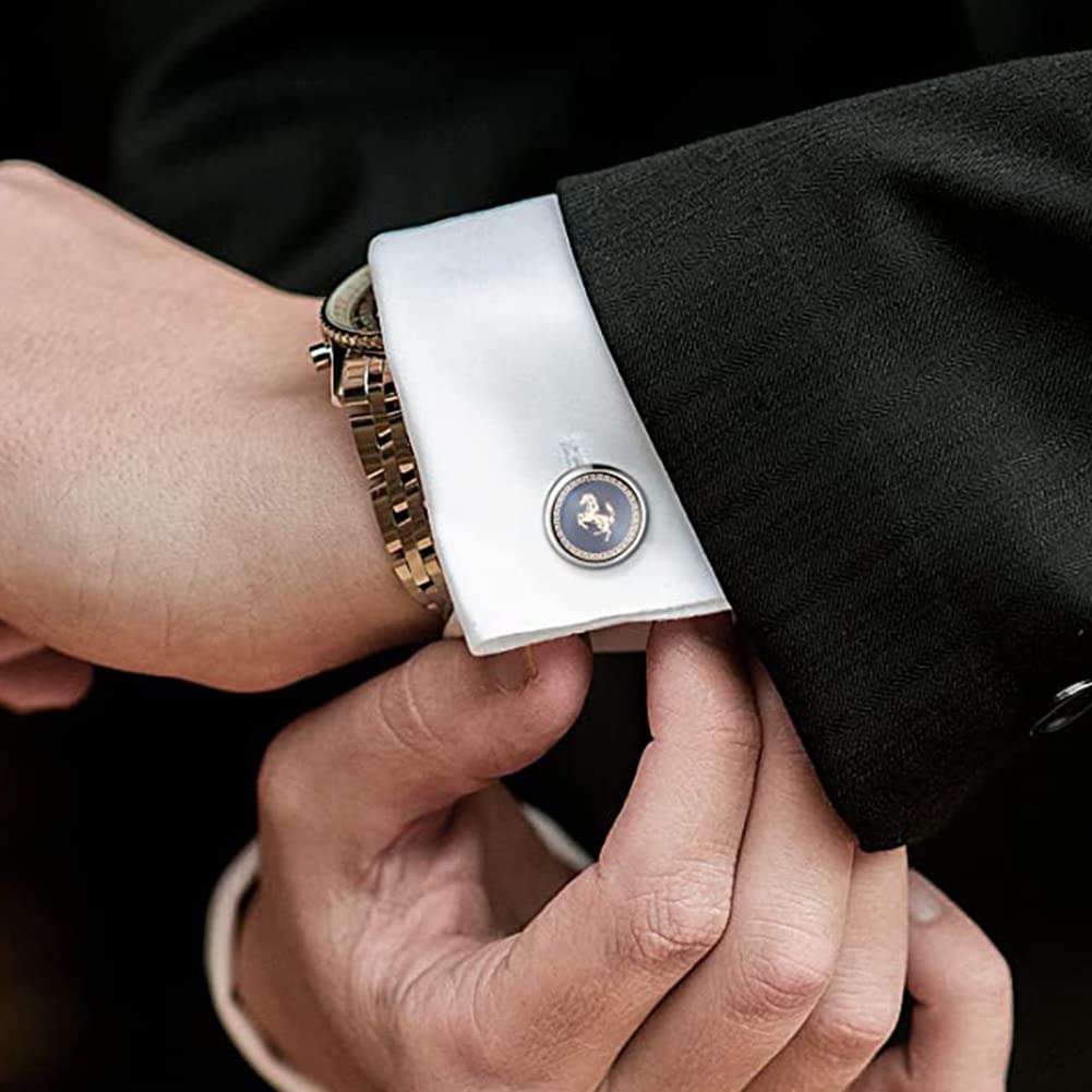 Rockyu メンズ シルバー タイピン＆カフスセット（馬・市松模様）