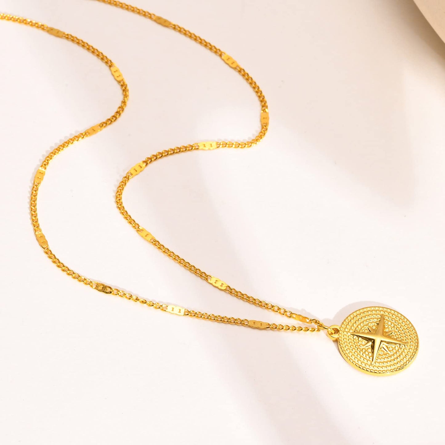 Rockyu ネックレス レディース ゴールド コイン 八芒星 ステンレス ペンダント 金属アレルギー対応