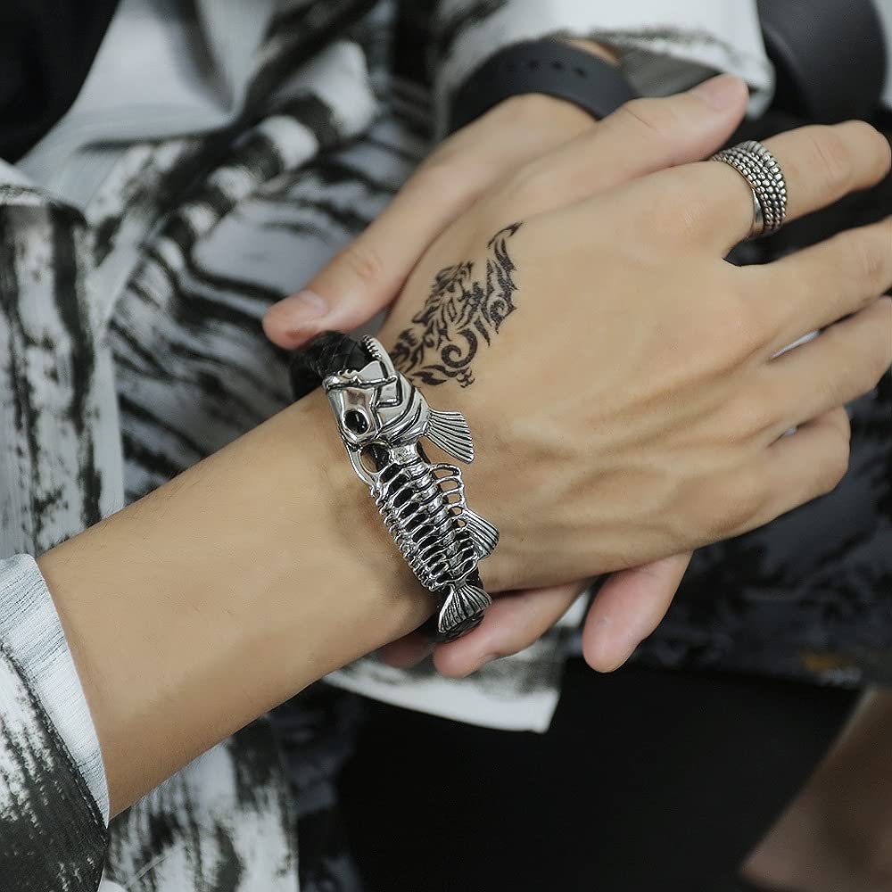 Rockyu メンズブレスレット 魚骨デザイン レザー×ステンレス ブラックアクセサリー