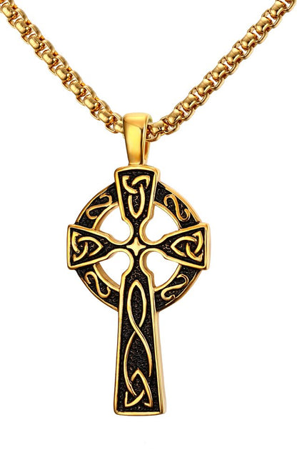 Rockyu ネックレス メンズ ステンレス ケルティッククロス ペンダント チェーン付 ブラック ゴールド シルバー