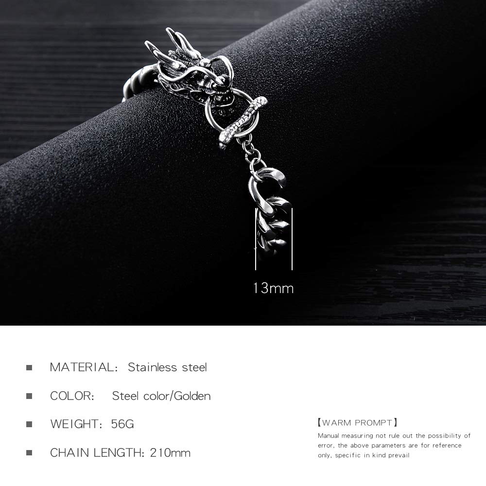 Rockyu 龍ブレスレット メンズ シルバー 太めチェーン チタン製 ドラゴンデザイン