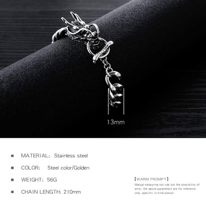 Rockyu 龍ブレスレット メンズ シルバー 太めチェーン チタン製 ドラゴンデザイン