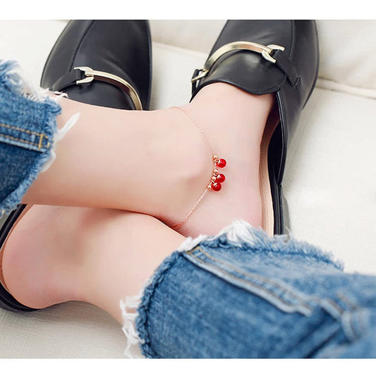 Rockyu アンクレット レディース 18金仕上げ レッドボール付き 細身チェーン 調整可能