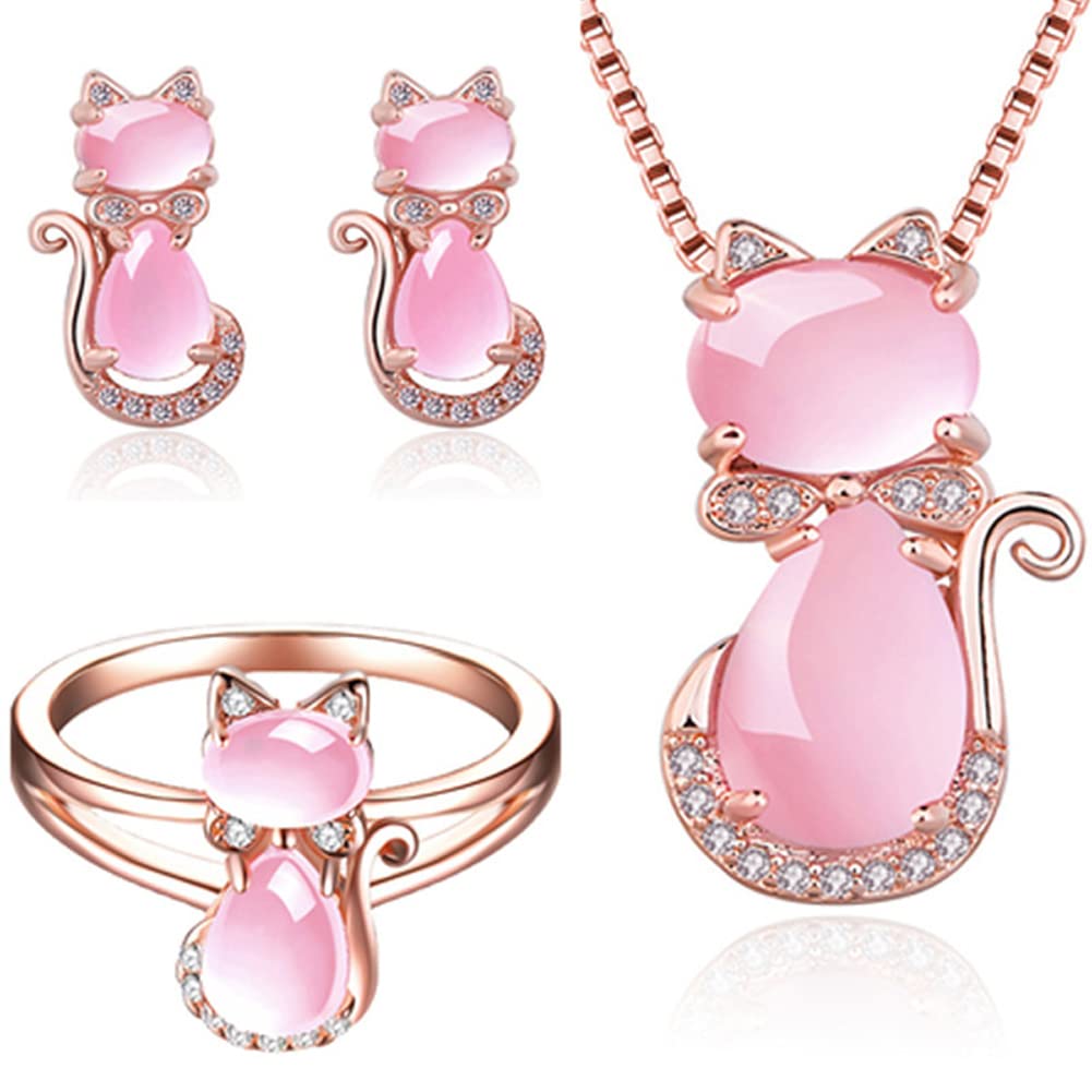 Rockyu ネックレス レディース ピンクゴールド 猫モチーフ 天然石 ジルコニア