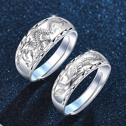 Rockyu 龍鳳彫りリング フリーサイズ 純銀製 シルバー990 メンズ レディース兼用 結婚指輪 伝統