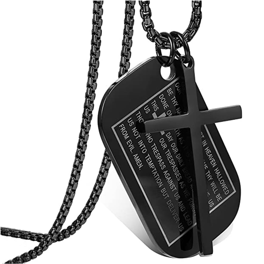 Rockyu メンズネックレス クロス十字架＆聖書モチーフ ドッグタグペンダント ステンレス製 ゴールド ブラック シルバー お守り アクセサリー