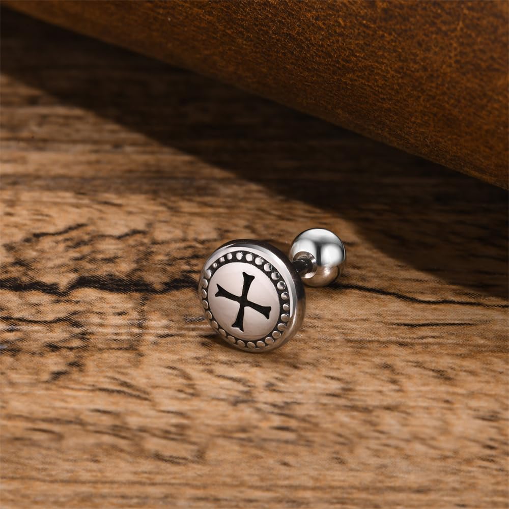 Rockyu メンズ 十字架ピアス シルバー ステンレス 片耳用 スタッド クロス ドット彫刻 金属アレルギー対応