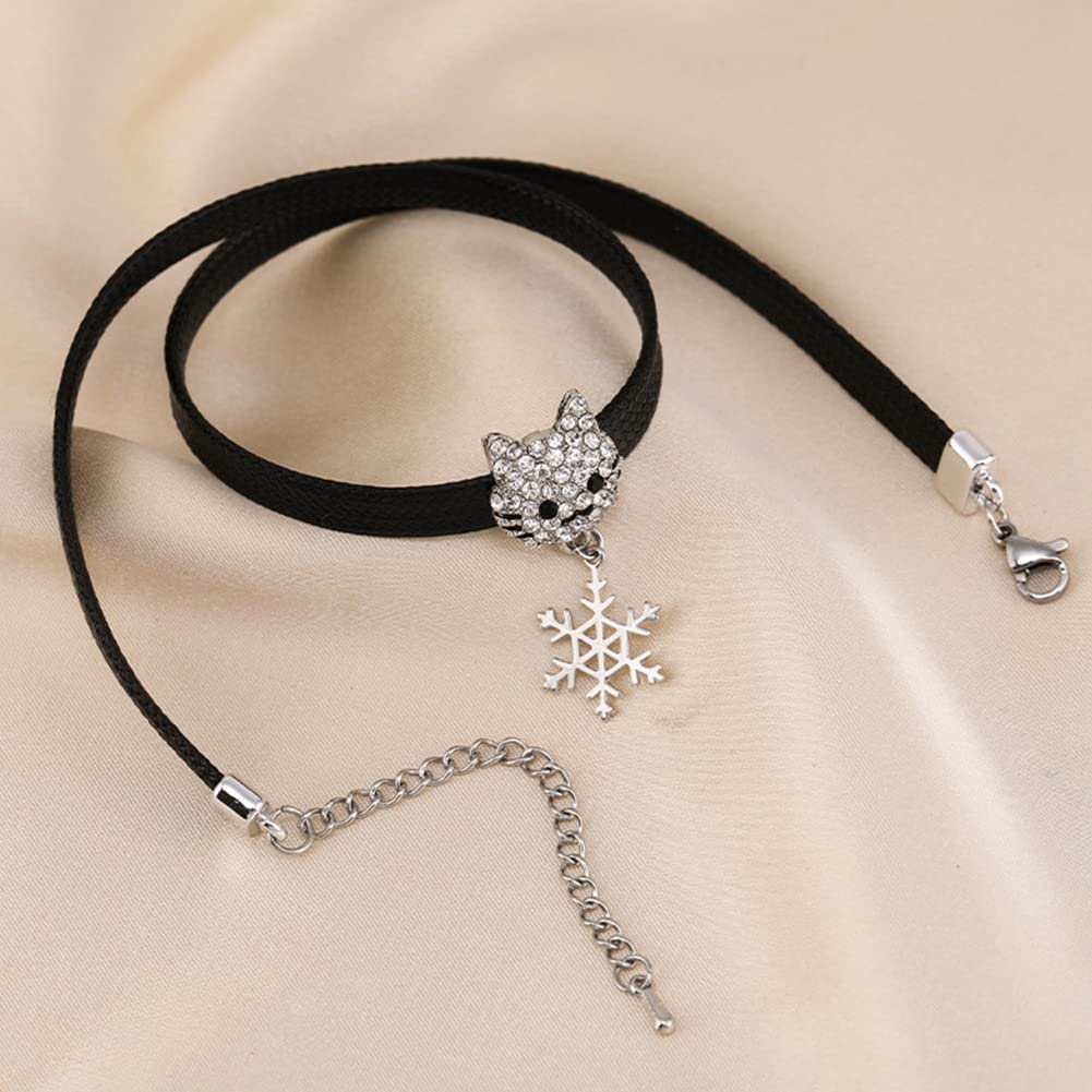 Rockyu チョーカー レディース 黒 レザー 猫 ジルコニア 雪華ペンダント