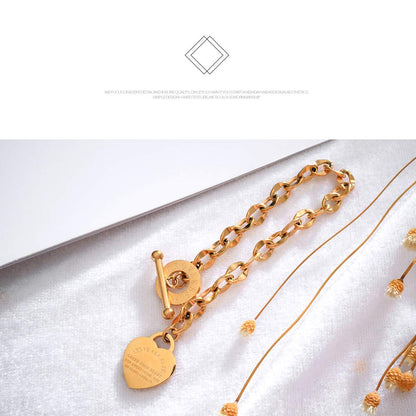 Rockyu ハートチャームブレスレット レディース チタン製 ゴールド＆シルバー OTリング刻印付き