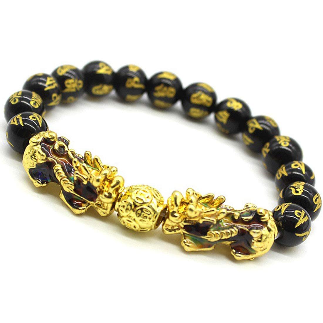 [Rockyu] 貔貅 六字真言バングル ブレスレット メンズ 18金メッキ おしゃれ ブラック 黒 数珠ブレスレット 御守 宗教風