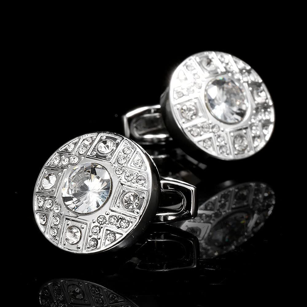 Rockyu カフスボタン メンズ おしゃれ シルバー ラウンド 大粒ジルコニア カフリンクス