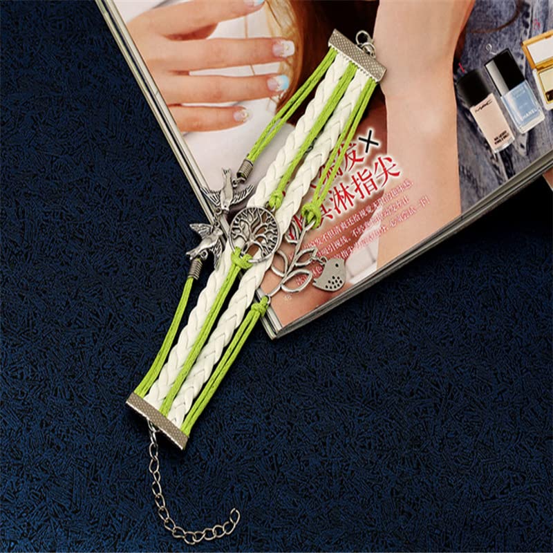 【平和の象徴ブレス】鳥＆生命の木モチーフ 編み込みブレスレット｜グリーン×ホワイト 男女兼用