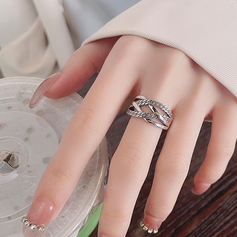 Rockyu 指輪 メンズ レディース シルバー925 太め 2連 幅広リング フリーサイズ 麻花リング クロス 不規則 男女兼用 ハワイアン 誕生日 恋人の日 プレゼント
