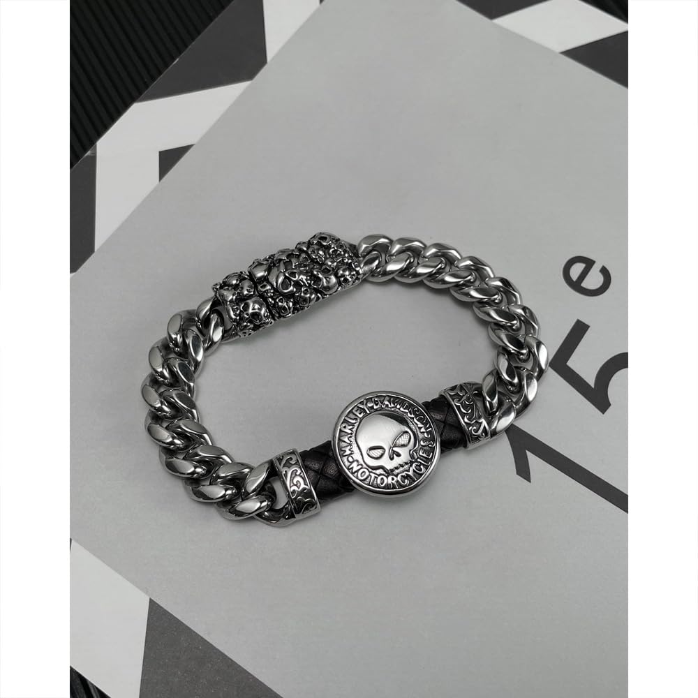 Rockyu メンズ スカルブレスレット シルバー 喜平チェーン 磁気留め具