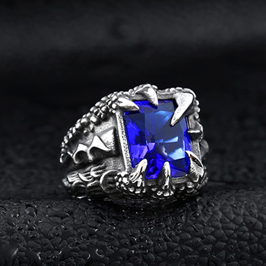 Rockyu ドラゴンクロウリング メンズ 大粒スクエア宝石 ステンレス製