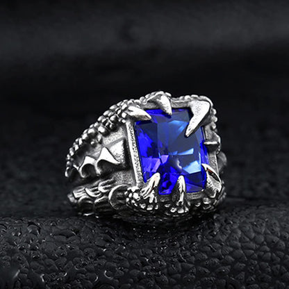 Rockyu ドラゴンクロウリング メンズ 大粒スクエア宝石 ステンレス製