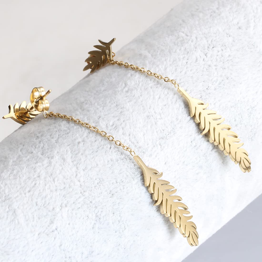 Rockyu ピアス レディース ゴールド 木の葉モチーフ ロングチェーン 揺れる羽ピアス