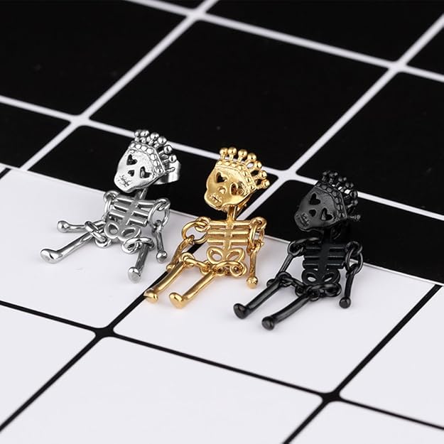 Rockyu スケルトンクラウンピアス｜揺れるドクロデザイン・ユニセックス・3色展開（ブラック/ゴールド/シルバー）