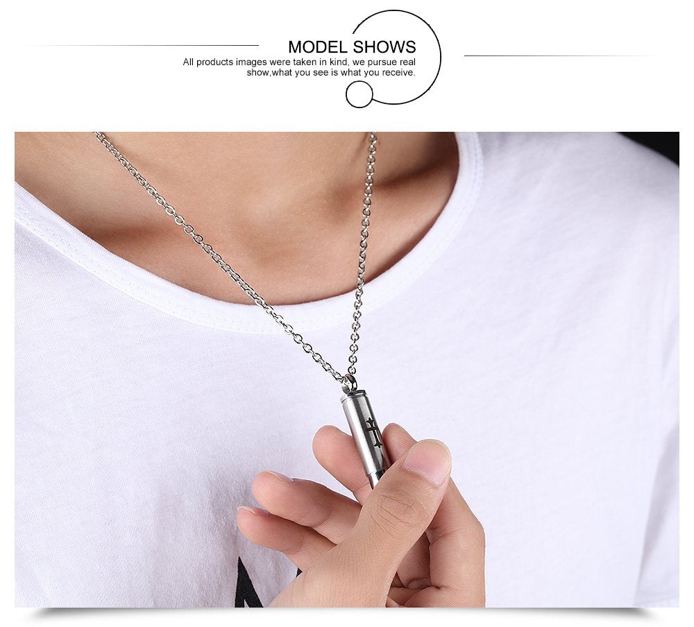 Rockyu 薬ケースネックレス メンズ ステンレス製 弾丸モチーフ 十字架刻印付き