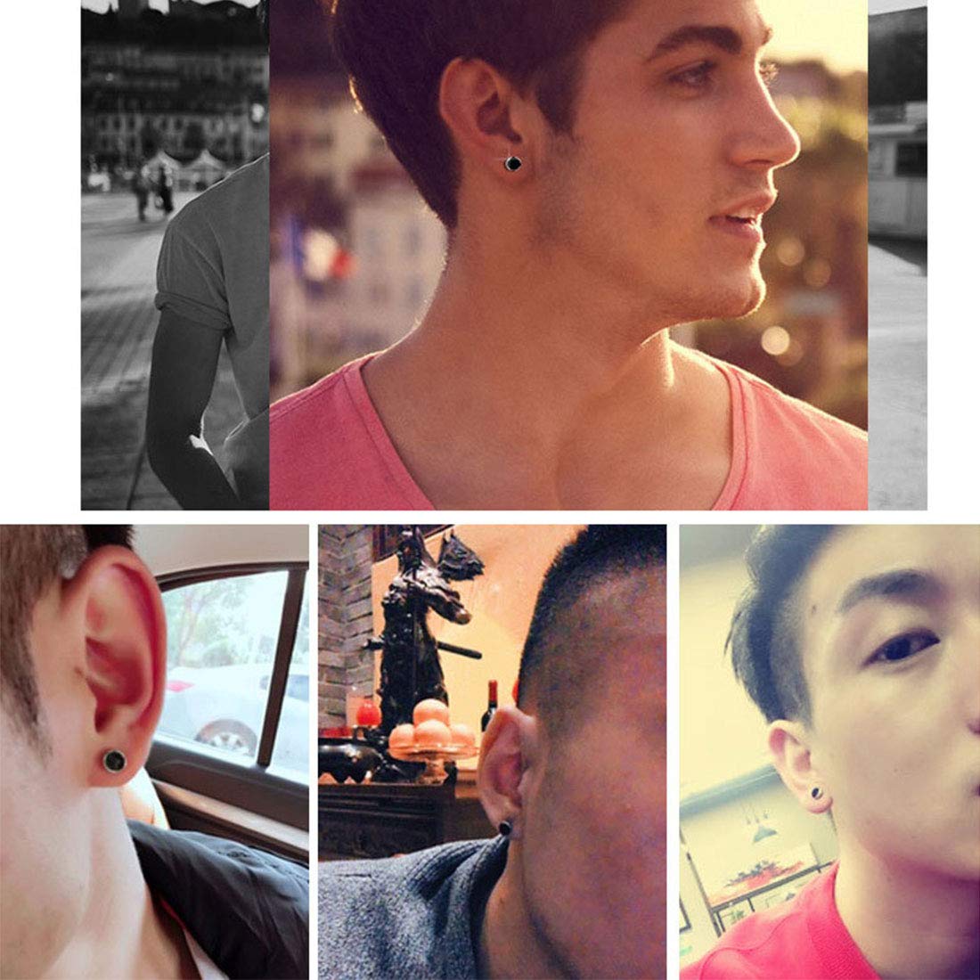 Rockyu ピアス メンズ 黒 円形 シルバー925 長城模様 スタッドイヤリング