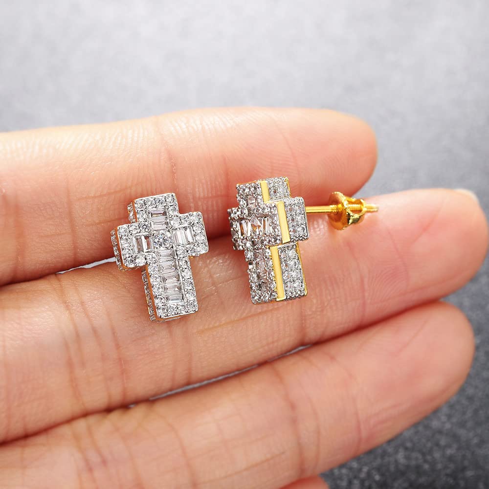 [Rockyu] ピアス メンズ ネジ式 シルバー ゴールド ジルコニア 立体 クロス 十字架ピアス CZダイヤ スタッドピアス 銅製 金属アレルギー対応 おしゃれ 誕生日 プレゼント アクセサリー