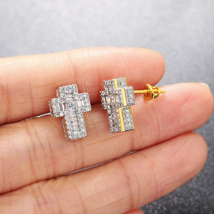[Rockyu] ピアス メンズ ネジ式 シルバー ゴールド ジルコニア 立体 クロス 十字架ピアス CZダイヤ スタッドピアス 銅製 金属アレルギー対応 おしゃれ 誕生日 プレゼント アクセサリー