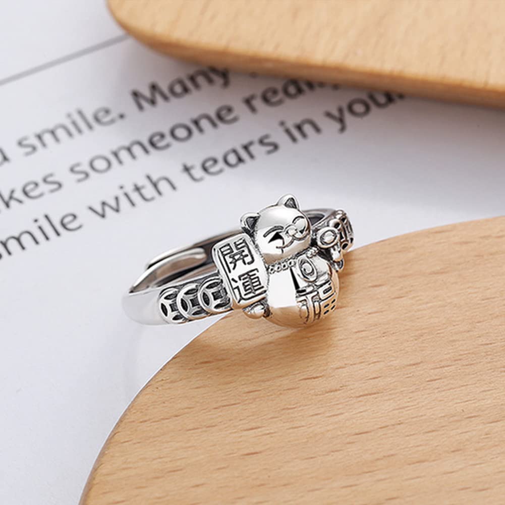 Rockyu 招き猫リング レディース フリーサイズ シルバー 銅銭モチーフ 文字刻印 調節可能