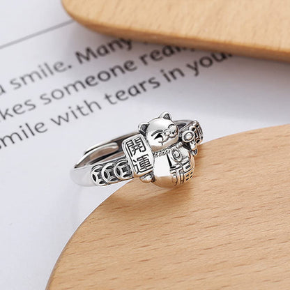 Rockyu 招き猫リング レディース フリーサイズ シルバー 銅銭モチーフ 文字刻印 調節可能