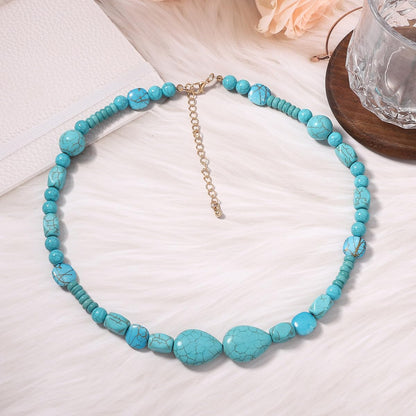 Rockyu ターコイズ天然石ネックレス レディース ビーズデザイン 調整可能 46cm+7cm